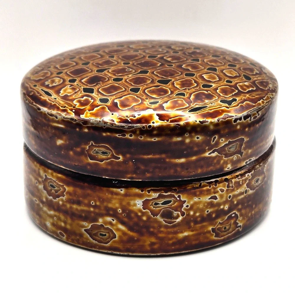 Vintage 1960s Laquered Wood Trinket Box Lidded Round Amber Brown Patterned Gloss